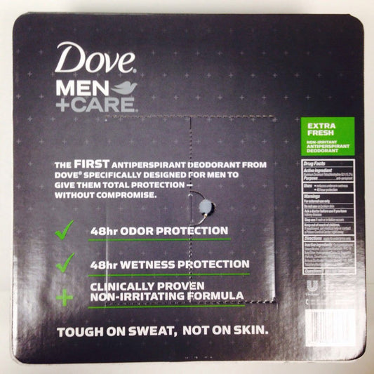 Dove Men+Care Extra Fresh 5-pack bottle close-up highlighting refreshing scent and protection