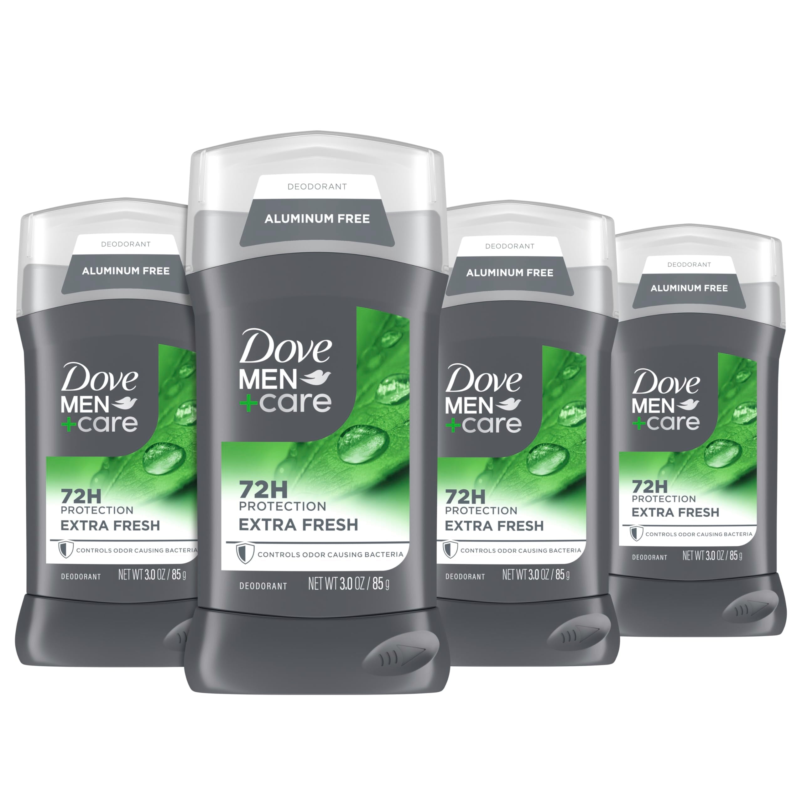 Dove Men+Care Extra Fresh deodorant stick packaging highlights aluminum-free formula.