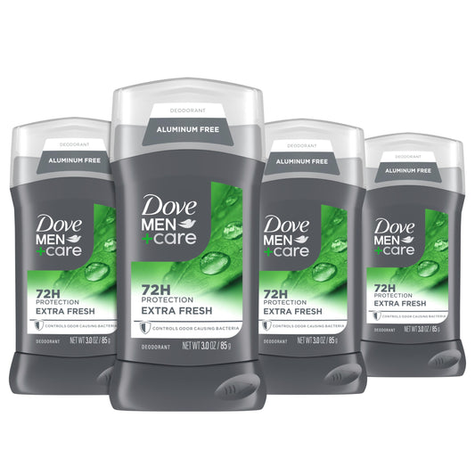 Dove Men+Care Extra Fresh deodorant stick packaging highlights aluminum-free formula.