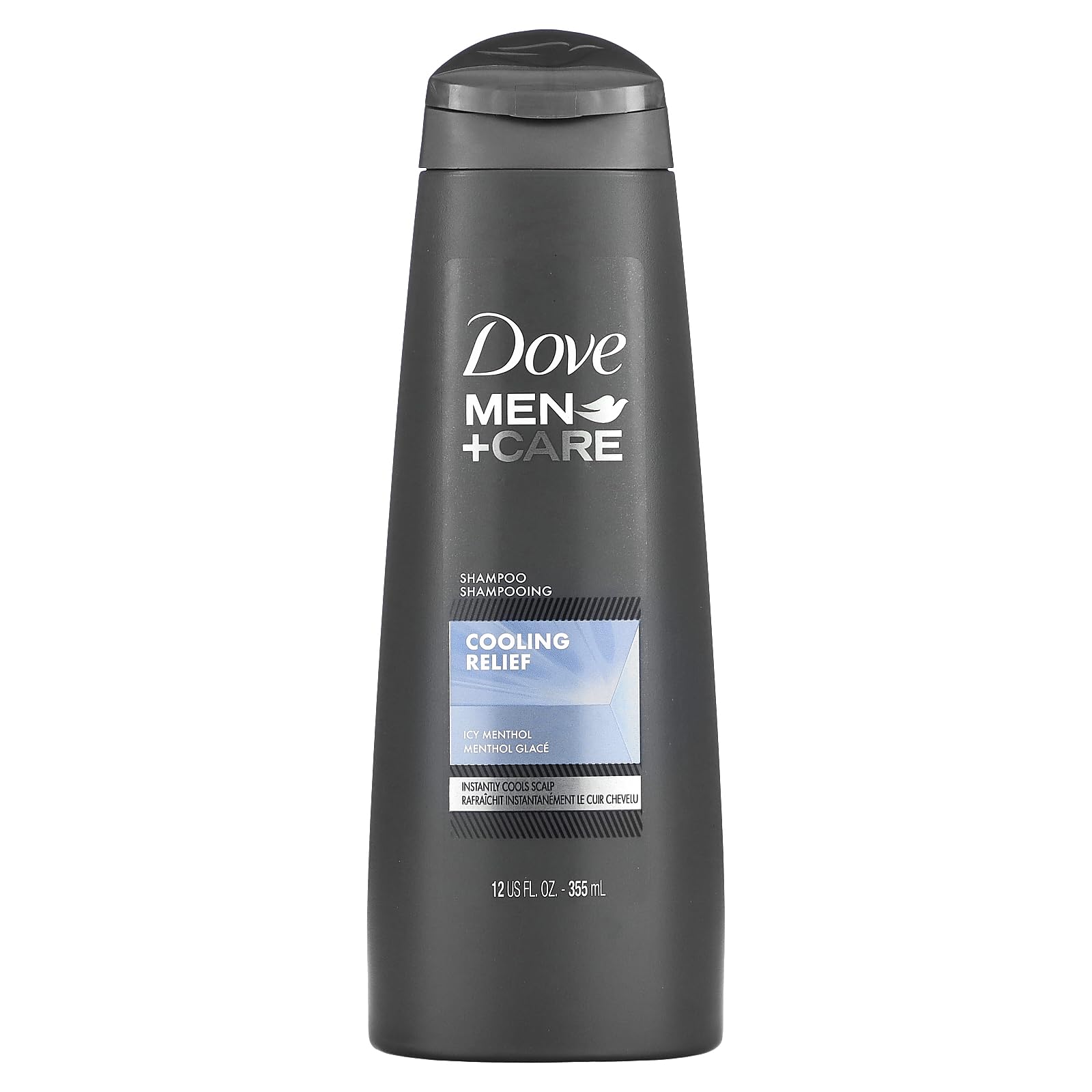 Dove Men+Care Fortifying Shampoo bottle with icy menthol for cooling relief.
