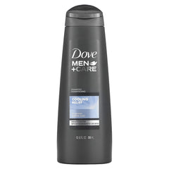 Dove Men+Care Fortifying Shampoo bottle with icy menthol for cooling relief.