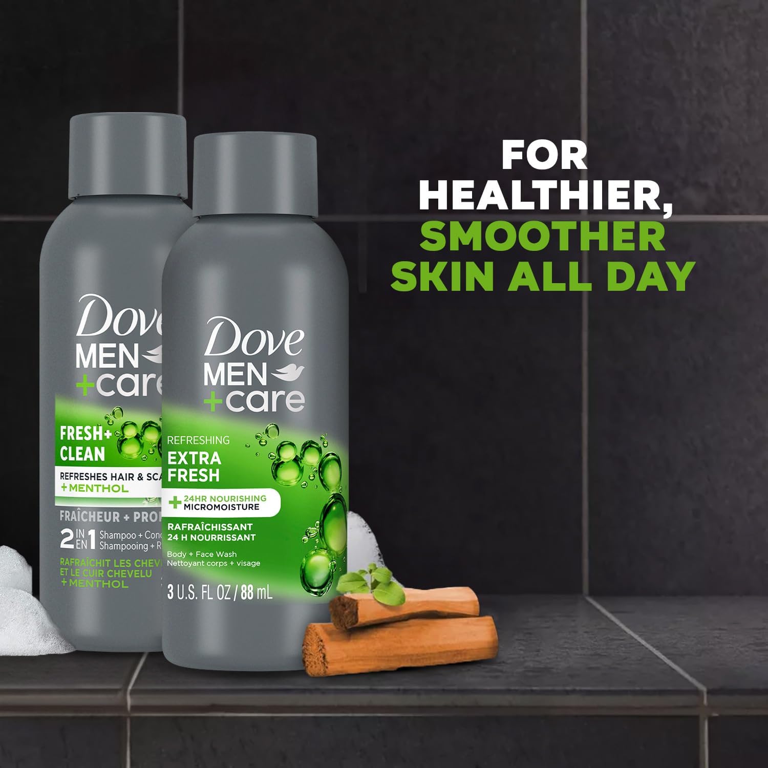 Dove Men+Care Fresh + Clean 2-in-1 Shampoo bottle with conditioning benefit for travel use