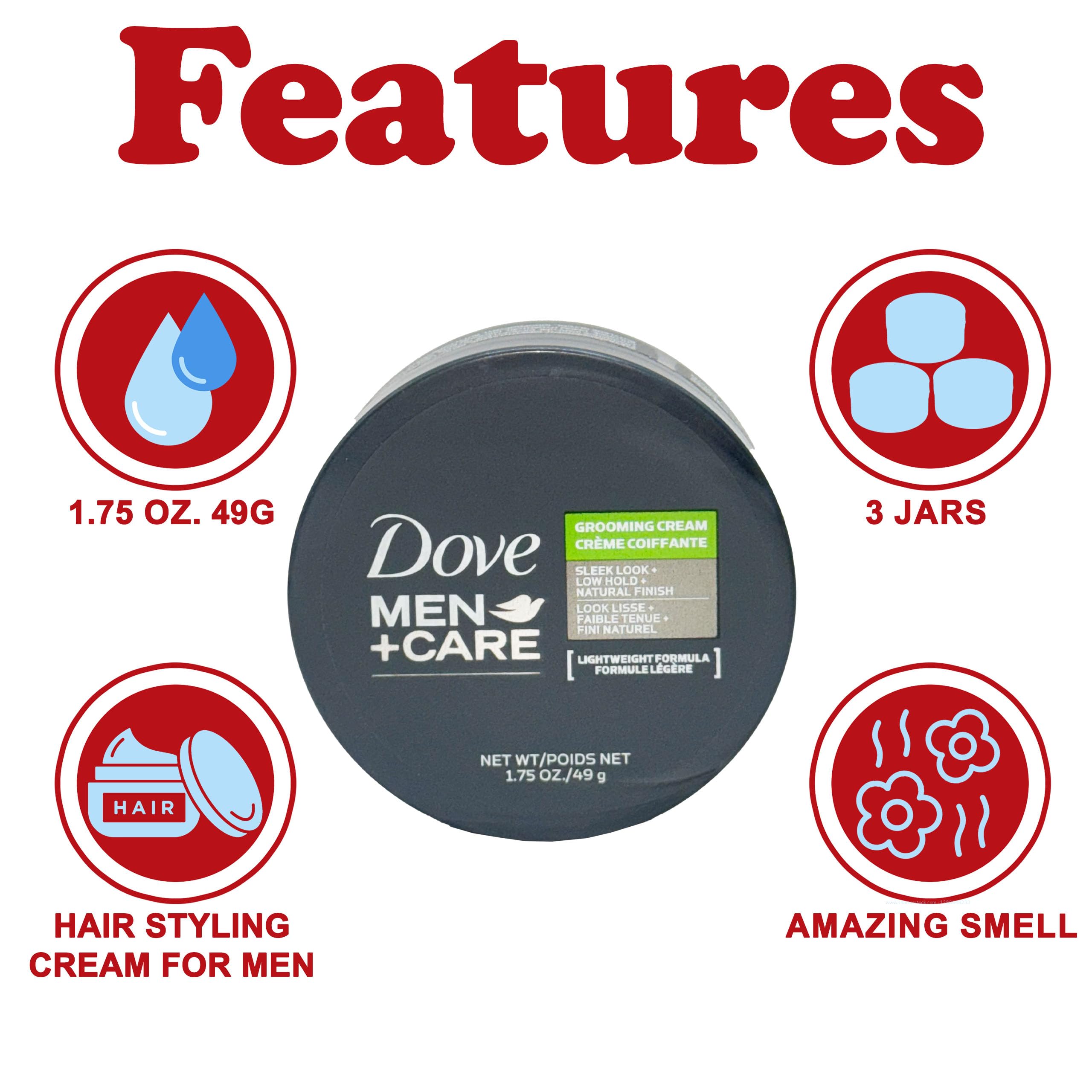 Dove Men+Care Grooming Cream 3-pack close-up dispensing for quick, natural-looking style.