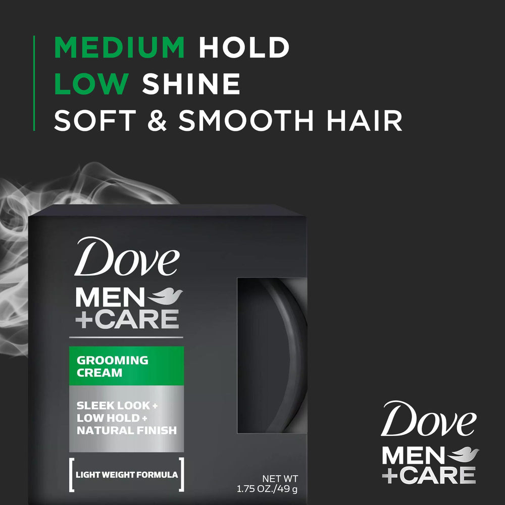 Dove Men+Care Grooming Cream bottle close-up showing low-hold, touchable finish.