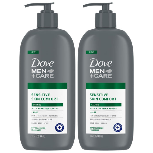 Dove Men+Care hand and body lotion cap for sensitive skin, smooth finish.