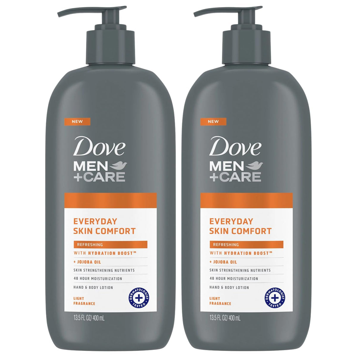 Dove Men+Care Hand and Body Lotion pack bottles, front view, quick moisturization.