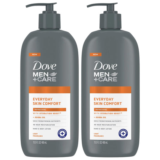 Dove Men+Care Hand and Body Lotion pack bottles, front view, quick moisturization.