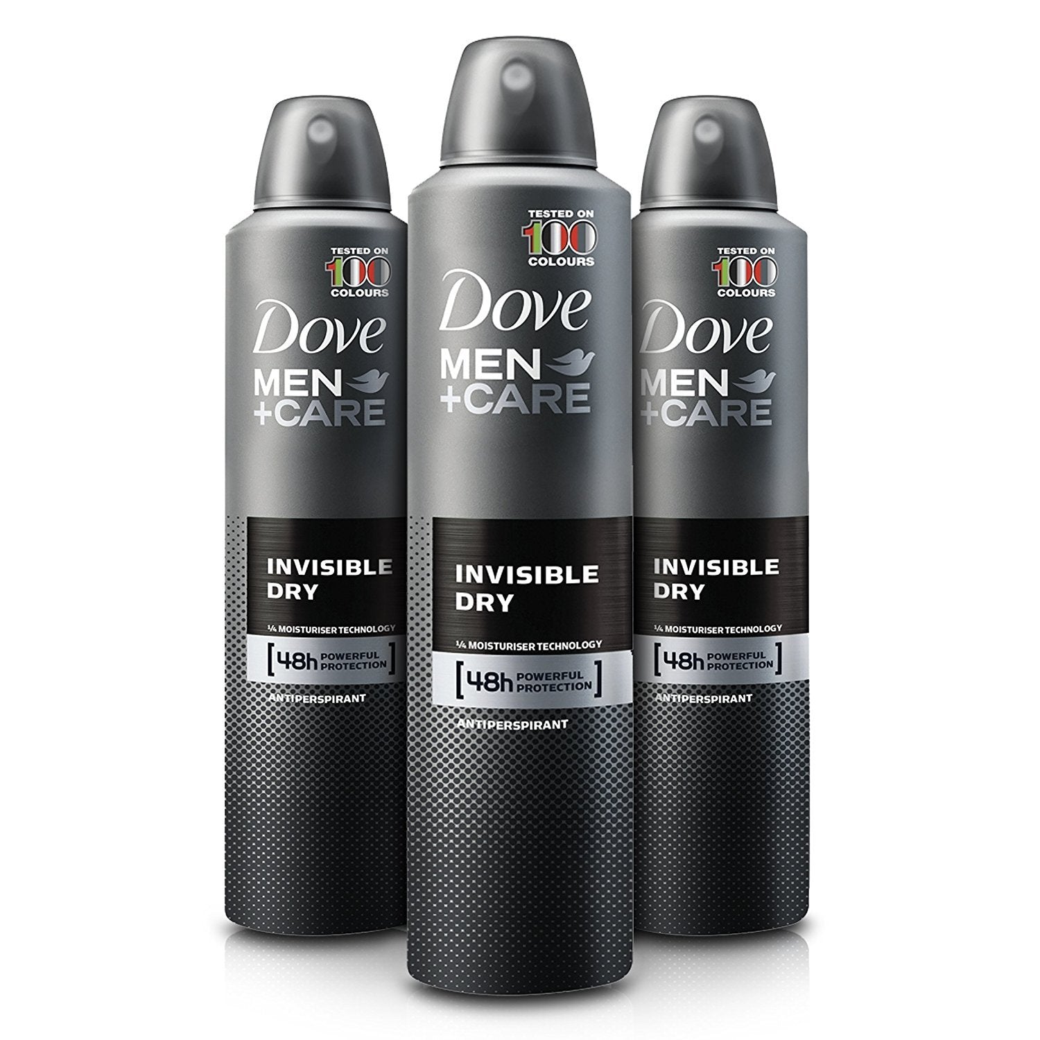 Dove Men Care Invisible Dry Spray Deodorant bottle close-up with quick-dry feel