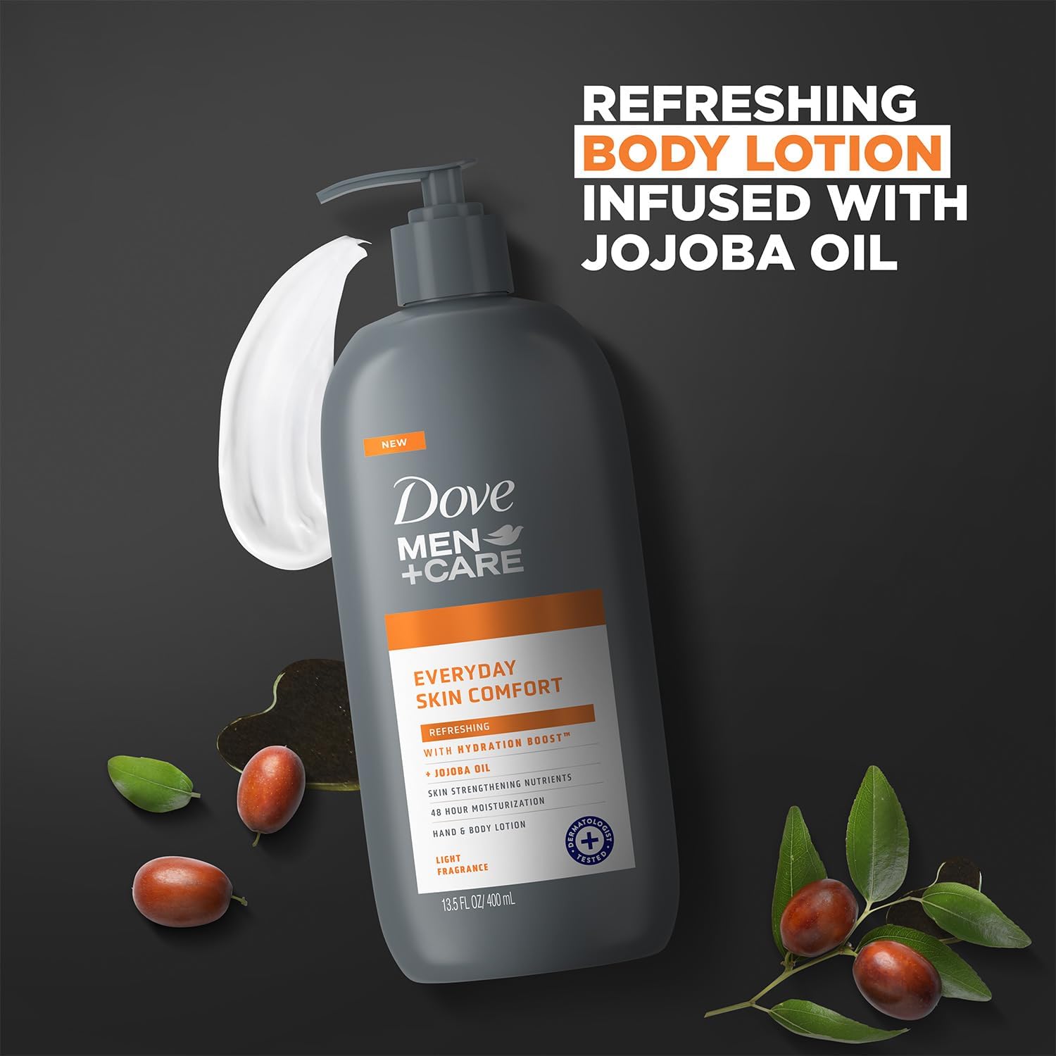 Dove Men+Care lotion bottle with visible label and branding.