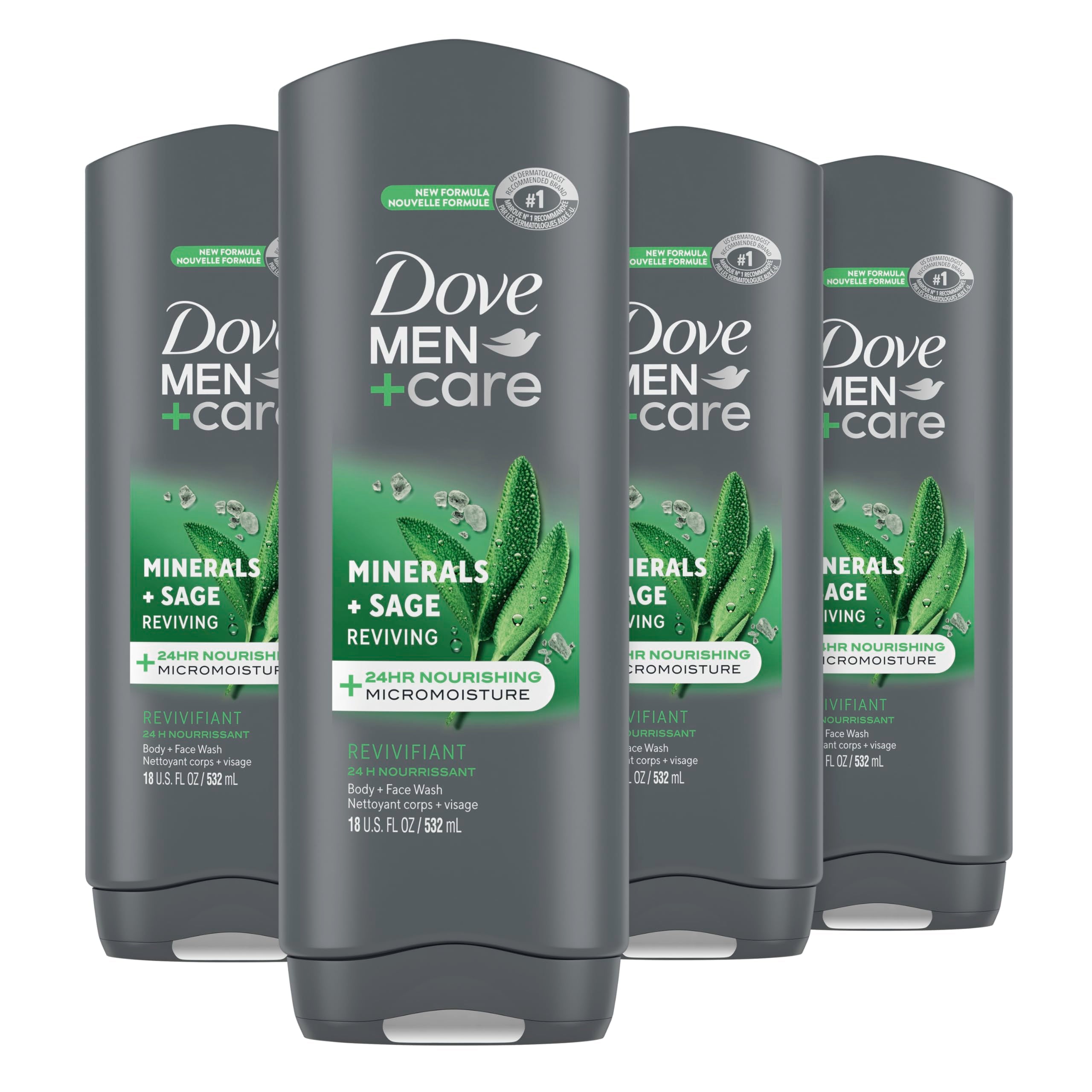 Dove Men+Care Mineral and Sage body wash bottle for refreshed, hydrated skin