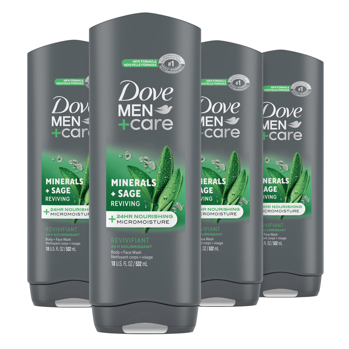 Dove Men+Care Mineral and Sage body wash bottle for refreshed, hydrated skin