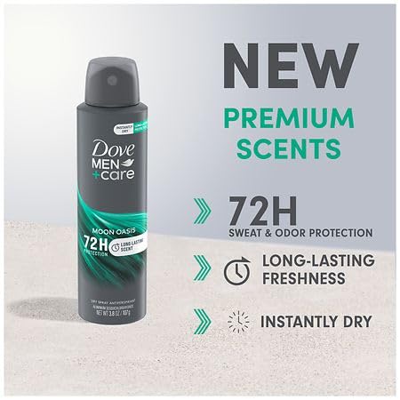 Dove Men+Care Moon Oasis 72h protection spray, side angle, long-lasting odor defense.
