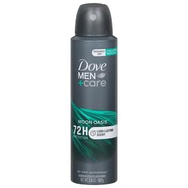 Dove Men+Care Moon Oasis dry spray bottle, front view, quick-dry formula for daily freshness.