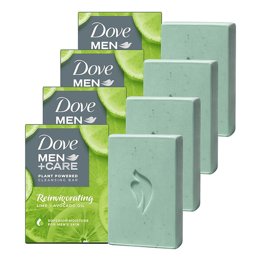 Dove Men+Care Plant-Powered Reinvigorating Bar packaging shows a 4-pack.