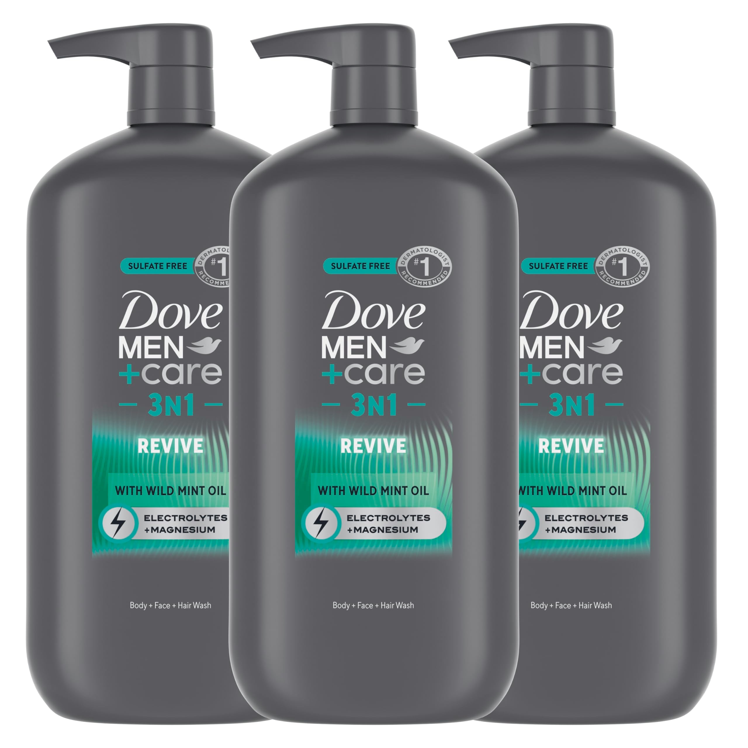 Dove Men+Care Revive 3N1 bottle with wild mint oil for an invigorating daily cleanse