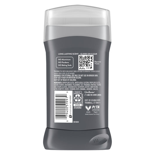 DOVE Men+Care Rustic Sandalwood deodorant stick back view showing packaging