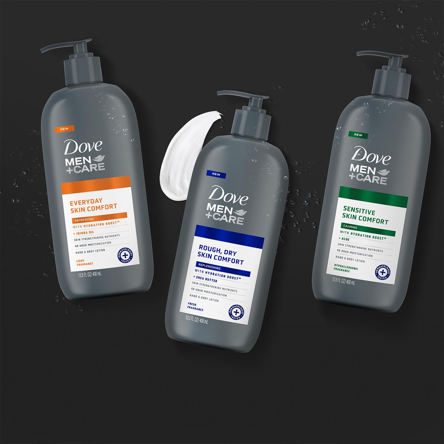 Dove Men+Care bottle with shea butter and jojoba oil icons.