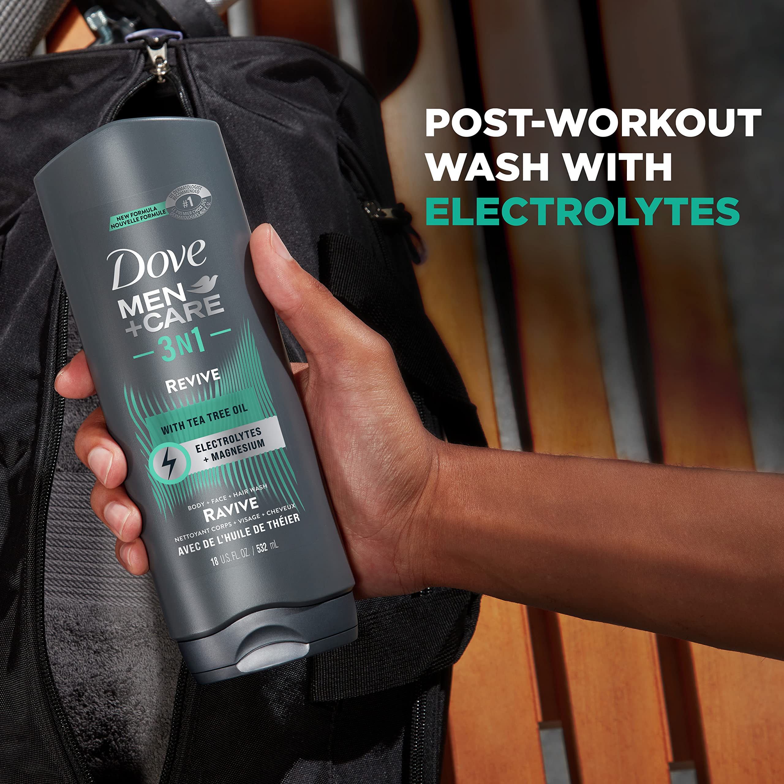 Dove Men+Care bottle highlighting tea tree oil scent for refreshing post-workout aroma.