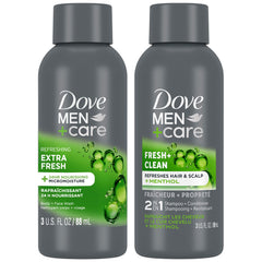 Dove Men+Care travel essentials bundle on vanity for on-the-go hydration and quick refreshment