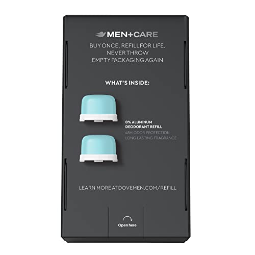 Two-pack zero-percent aluminum refills for Dove Men+Care deodorant.