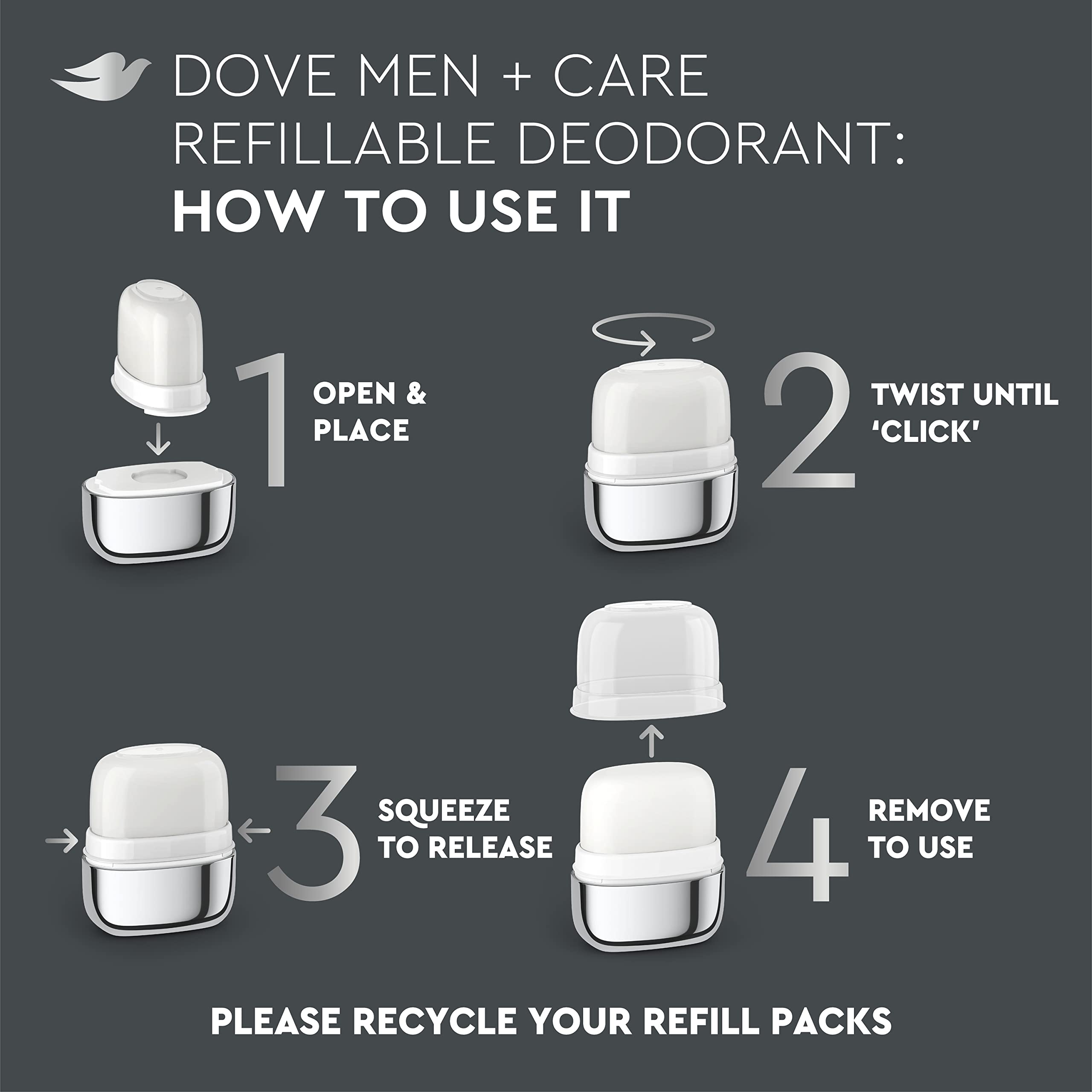 Dove Men+Care refill base supports a lifetime guarantee system.