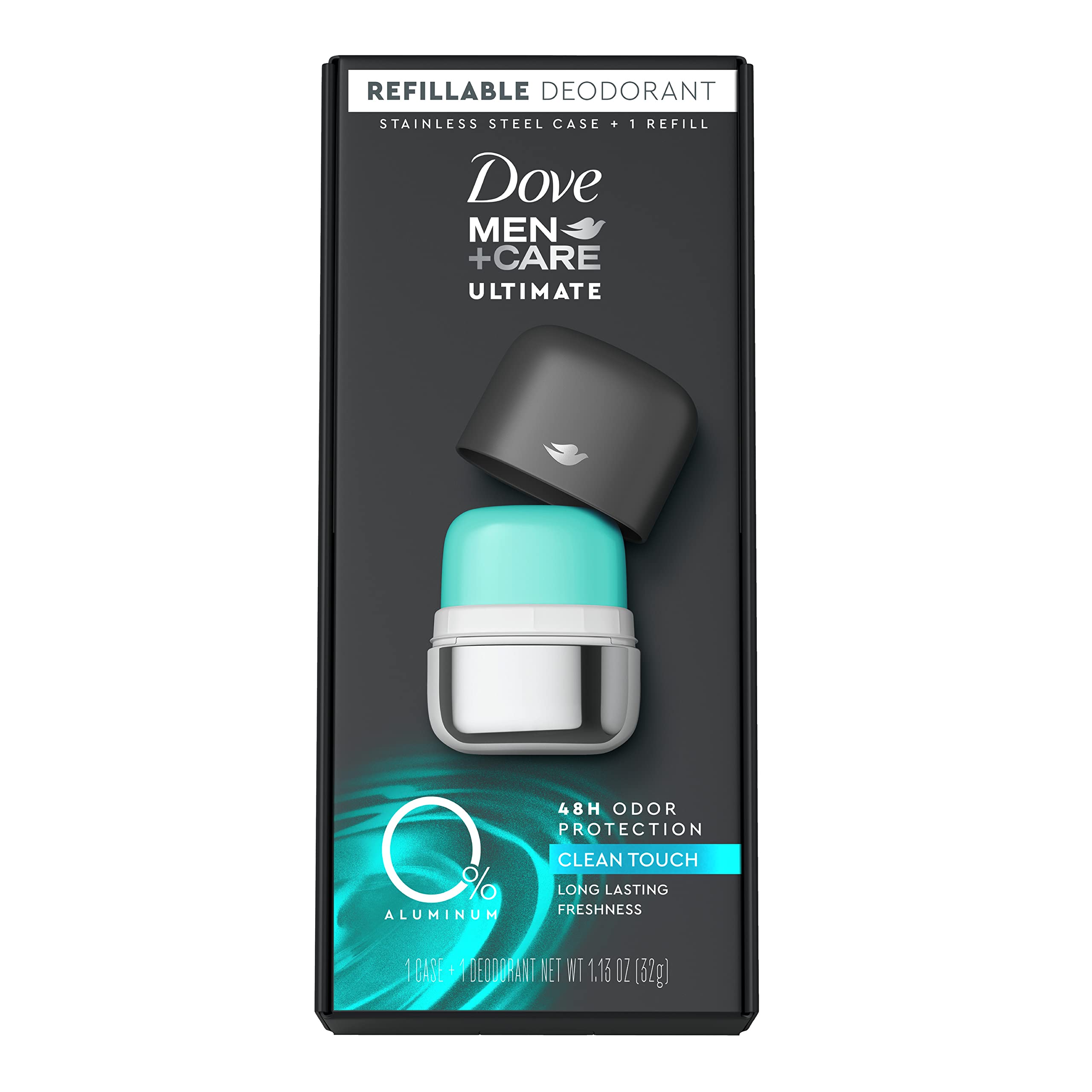 Dove Men+Care ultimate refillable deodorant kit in steel case for sustainability.