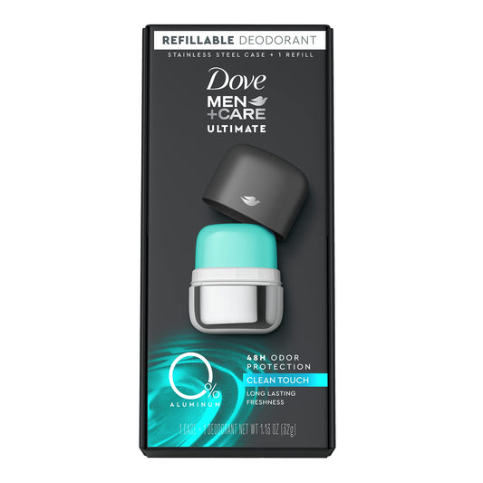 Dove Men+Care ultimate refillable deodorant kit in steel case for sustainability.