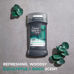 Dove Men+Care Wild Eucalyptus deodorant stick dispense action for easy reapplication.