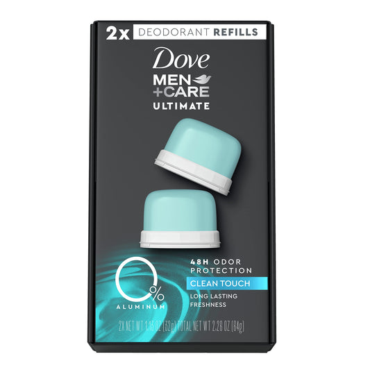 Dove Men+Care zero-percent aluminum refill starter kit with stainless steel case in bathroom.