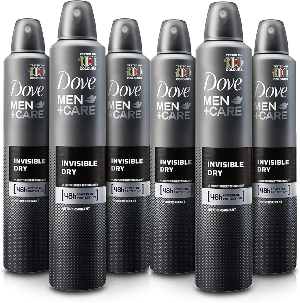 Dove Men+Care Invisible Dry six-pack spray for all-day odor and moisture control.