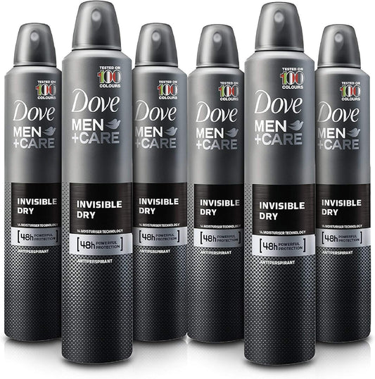 Dove Men+Care Invisible Dry six-pack spray for all-day odor and moisture control.