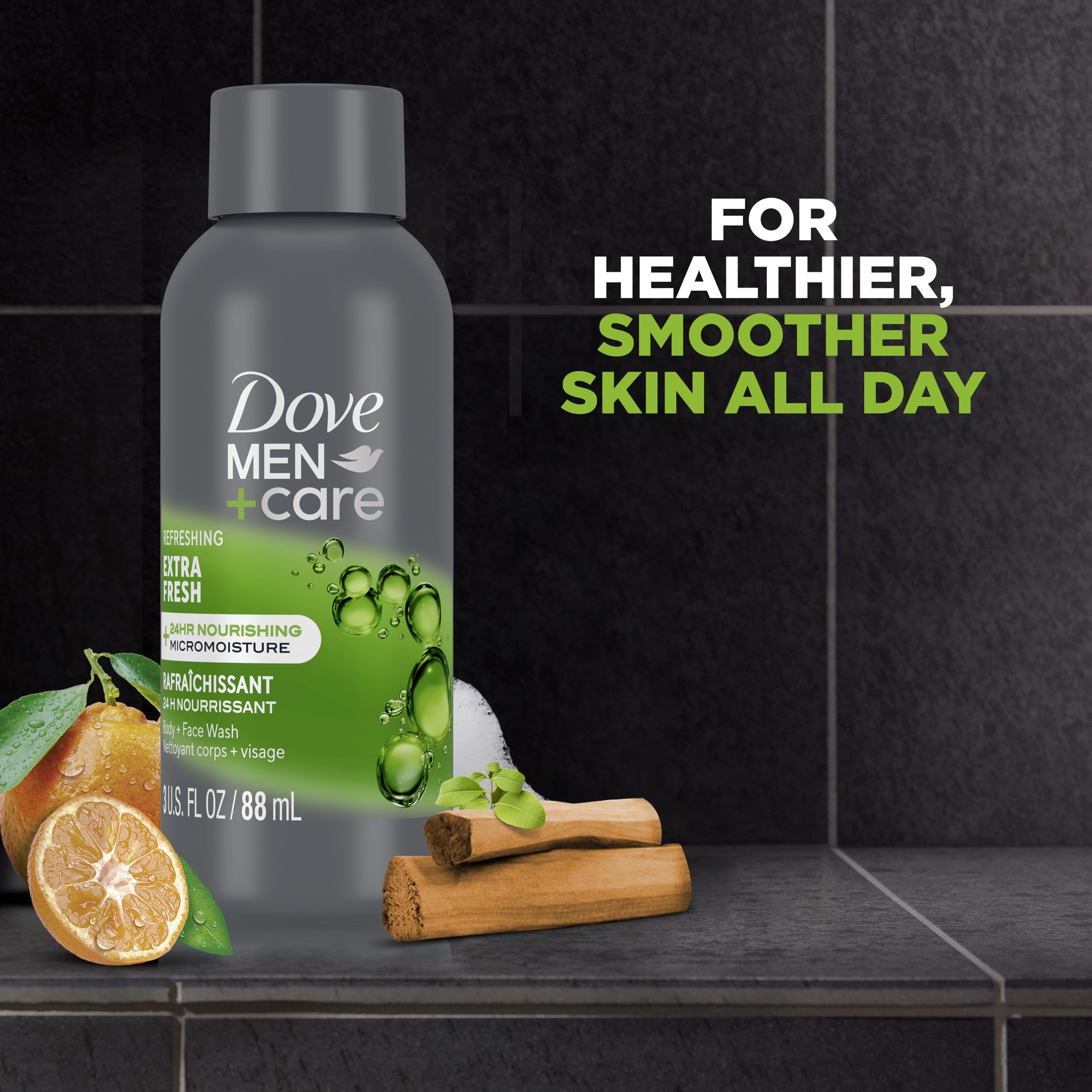 Dove Men+Care cruelty-free PETA logo displayed on packaging.