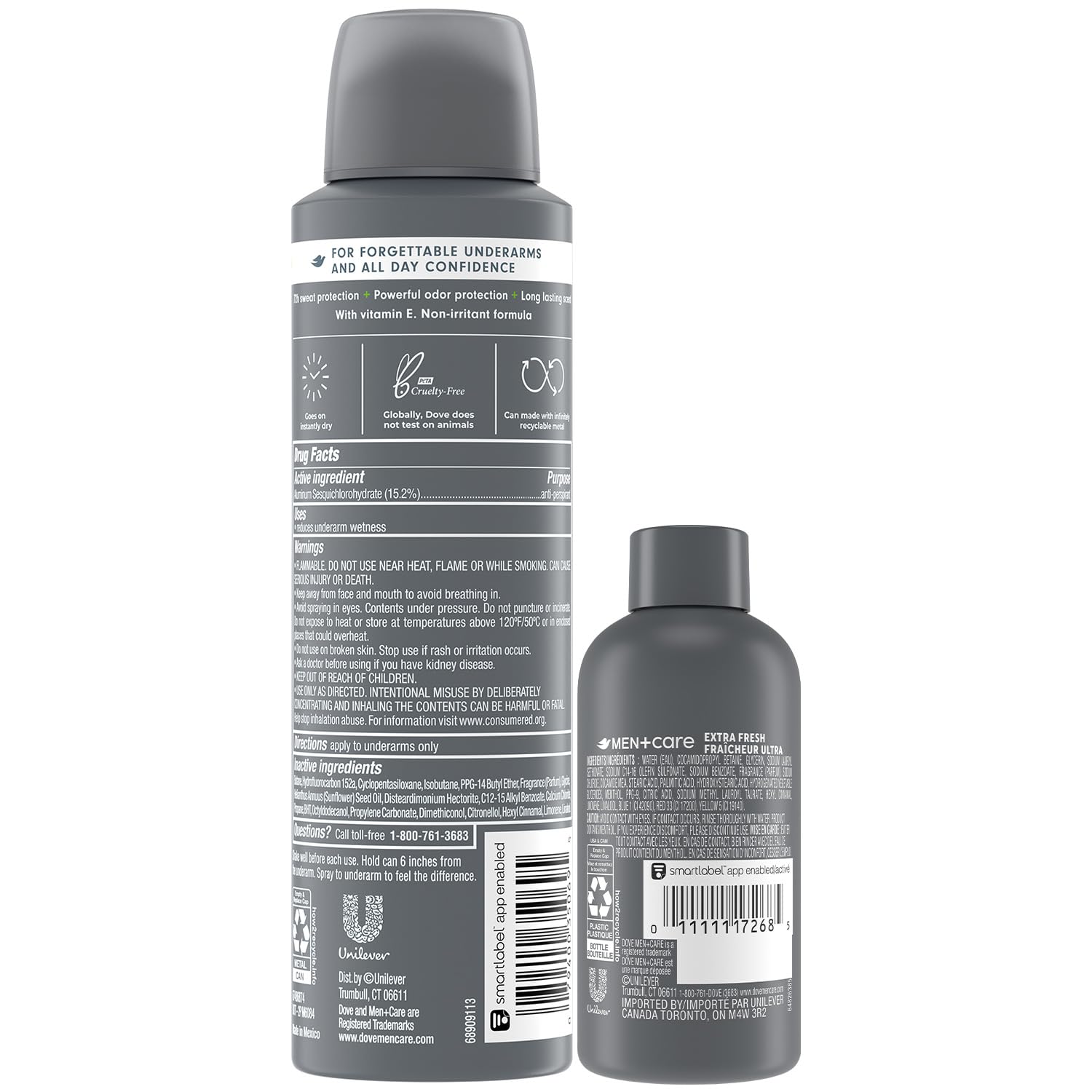 Dove Men+Care Dry Spray 2-pack back view with label details and ingredients.