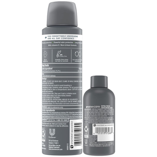 Dove Men+Care Dry Spray 2-pack back view with label details and ingredients.
