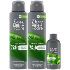 Dove Men+Care Dry Spray 2-pack front view shows packaging for long-lasting protection.