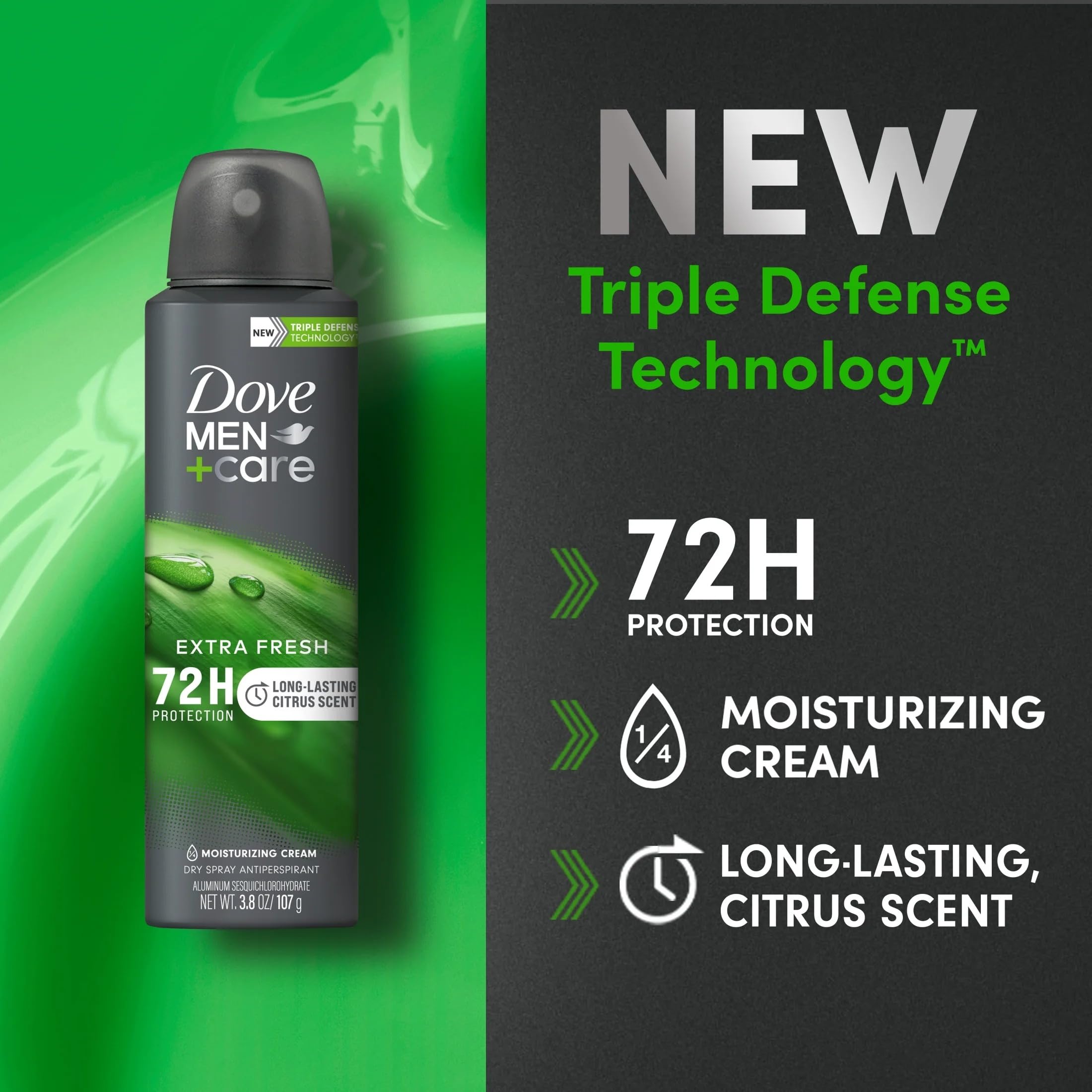 Dove Men+Care Extra Fresh Scent bottle highlighting fragrance and spray use.