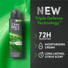 Dove Men+Care Extra Fresh Scent bottle highlighting fragrance and spray use.