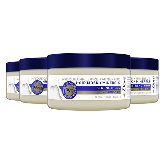 Close-up of Dove Mineral Strengthens Hair Mask jar for damaged hair nourishment.
