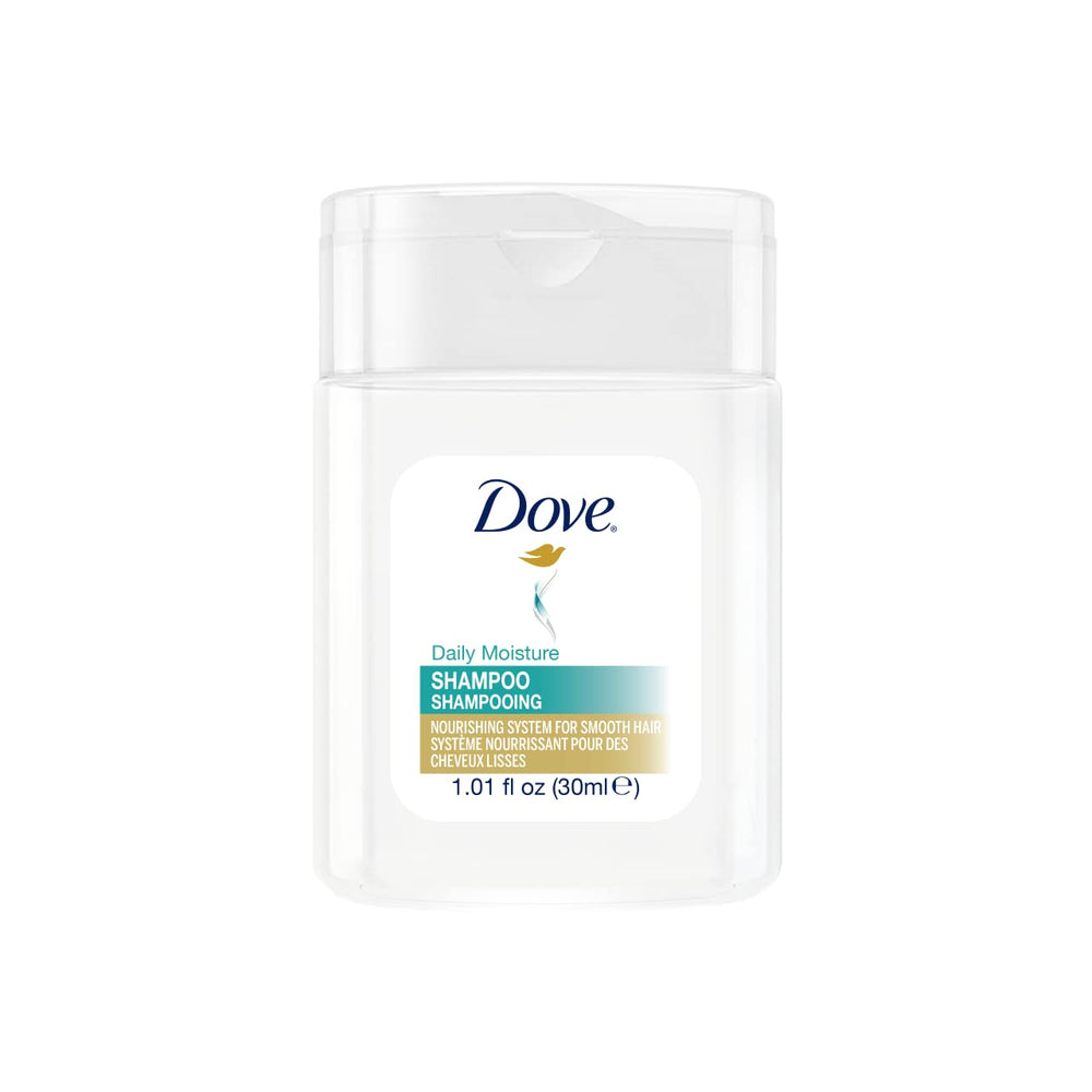 Dove mini 1oz shampoo bottle with flip-top cap, ideal for hotel guest amenities.
