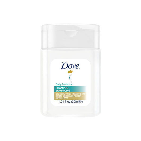 Dove mini 1oz shampoo bottle with flip-top cap, ideal for hotel guest amenities.