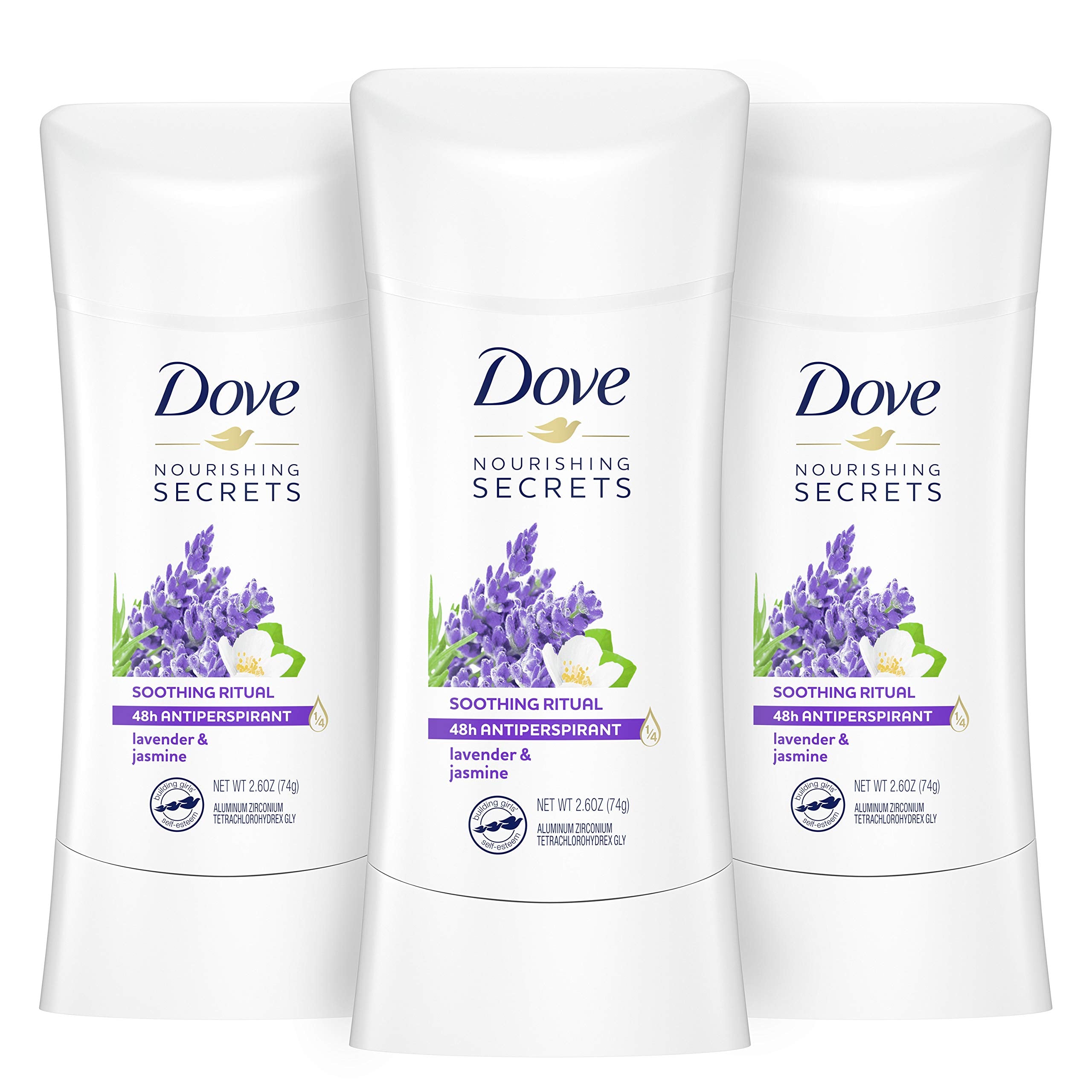 Dove Nourishing Secrets Lavender & Jasmine packaging showing three-stick set for daily use.