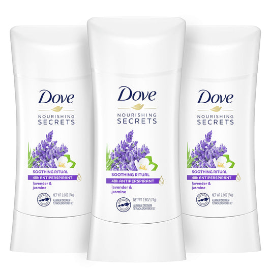Dove Nourishing Secrets Lavender & Jasmine packaging showing three-stick set for daily use.