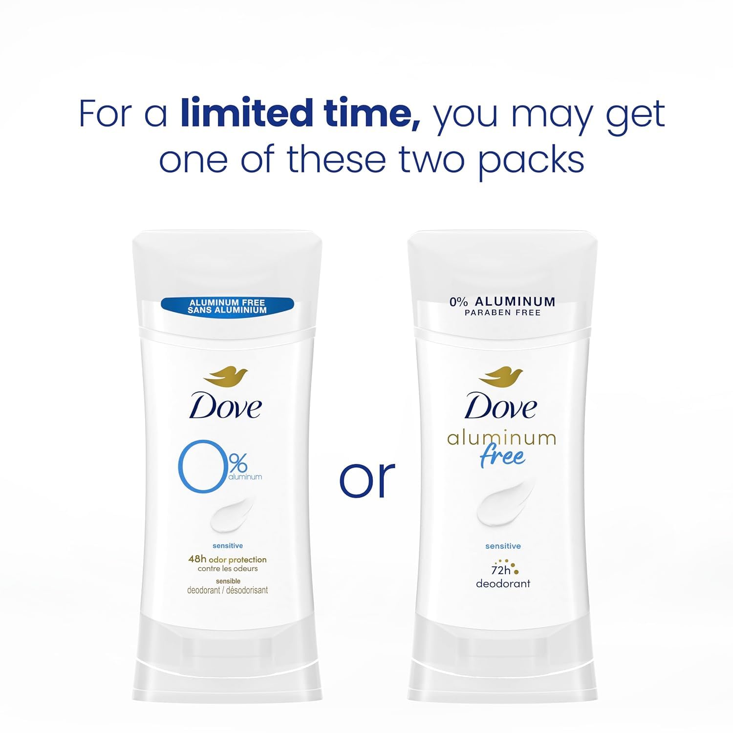 Dove 48-hour odor protection aluminum-free deodorant stick shown for daily use.
