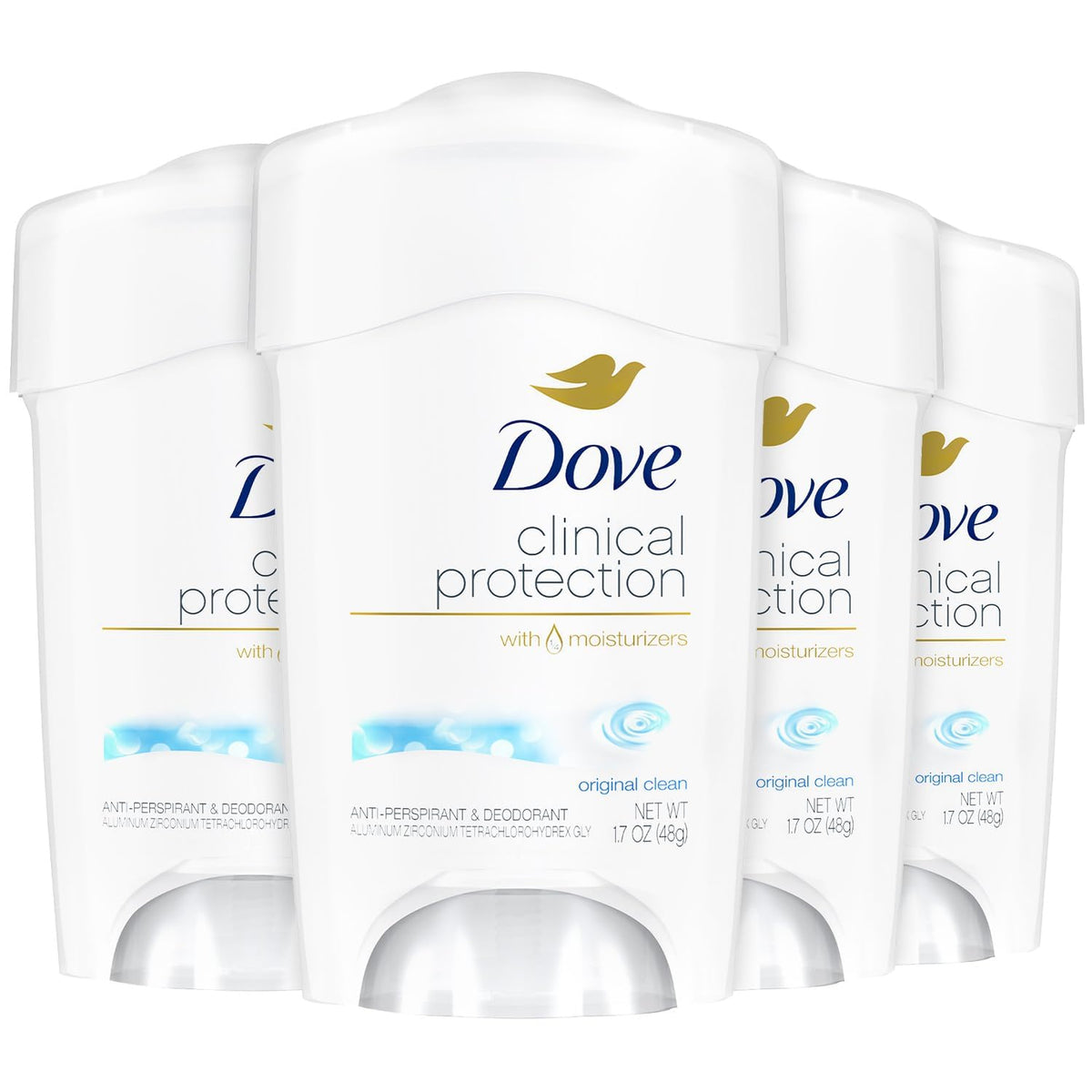 Dove Original Clean 4-pack deodorant showing multiple sticks for reliable protection and skin moisture.