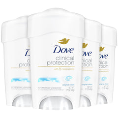 Dove Original Clean 4-pack deodorant showing multiple sticks for reliable protection and skin moisture.