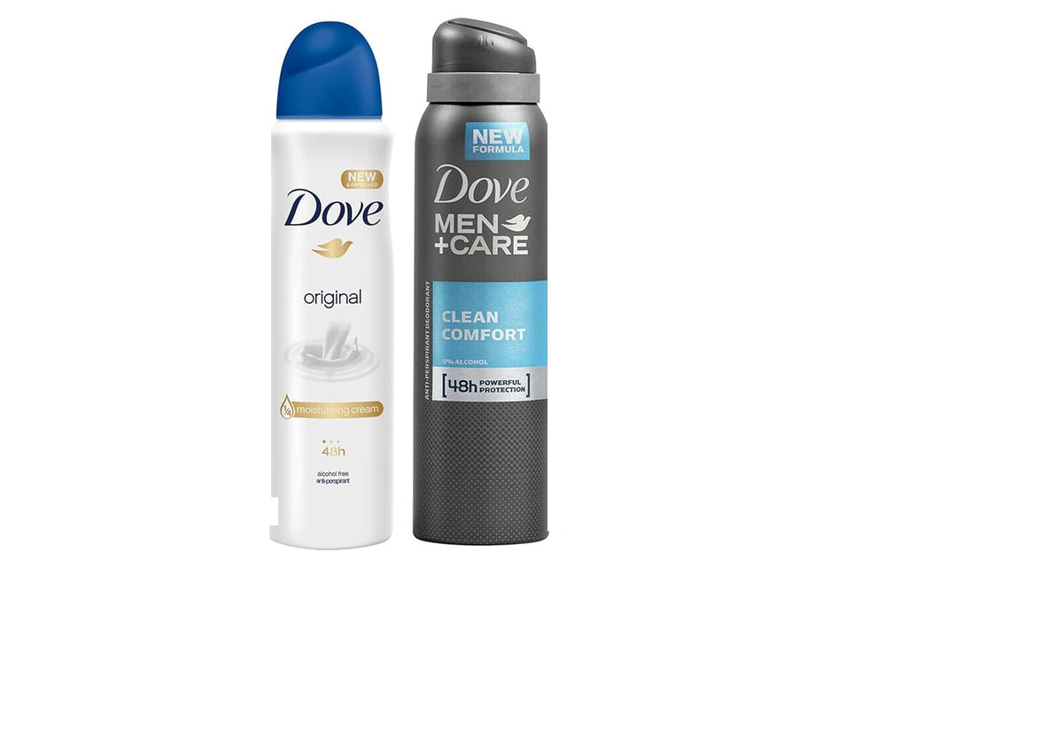 Dove pack of six deodorant bottles with original and Men+Care scents offering long-lasting protection.