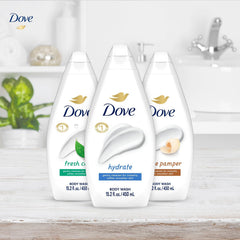 Dove Pack Shot shows three-body-wash bottles for versatile family use