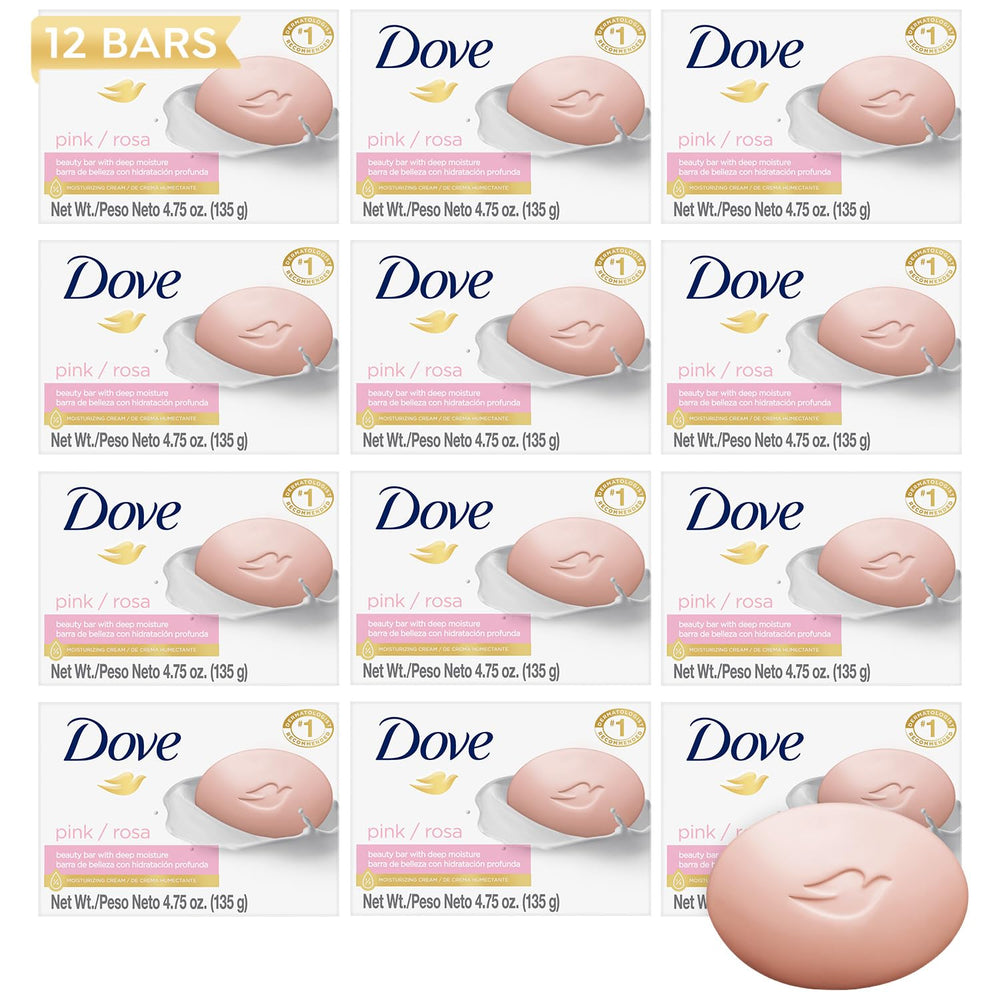 Dove Pink Beauty Bar 12-pack packshot showing versatile soap for face, body, and hands