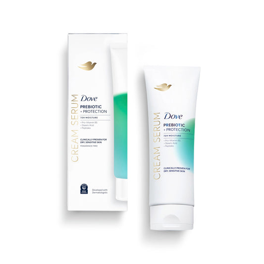 Dove Prebiotic Protection serum bottle with lightweight, non-greasy finish for daily use