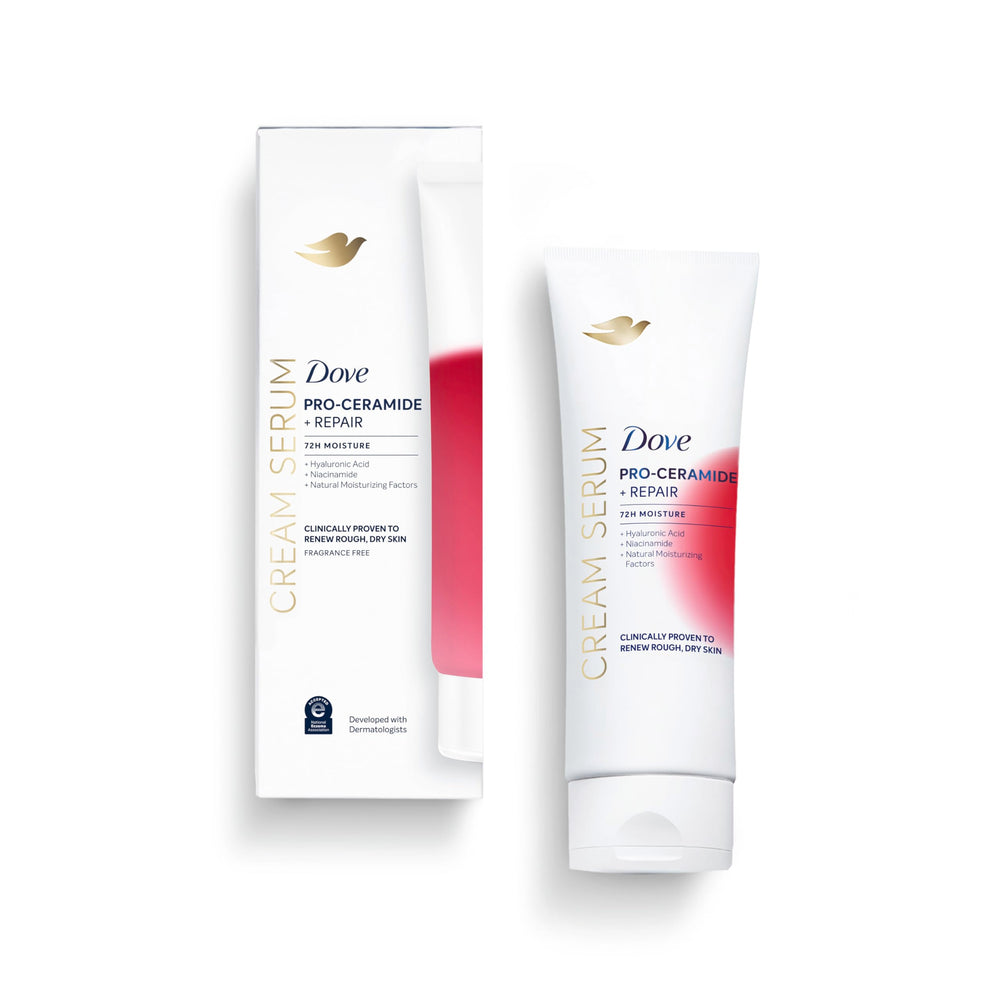 Dove Pro-Ceramide Repair Serum bottle showing non-greasy hydration for dry skin.